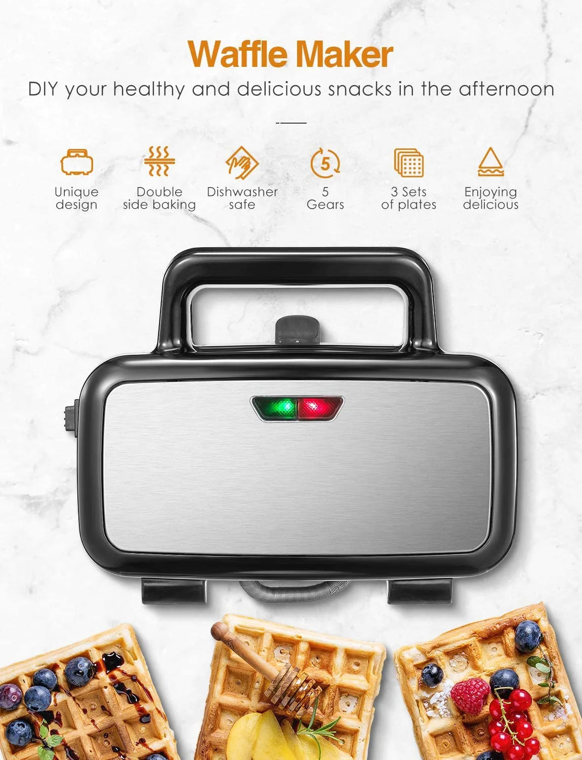 3-In-1 Sandwich Maker with Removable Plates, Waffle Maker and Panini Press Grill, 1200W, Black
