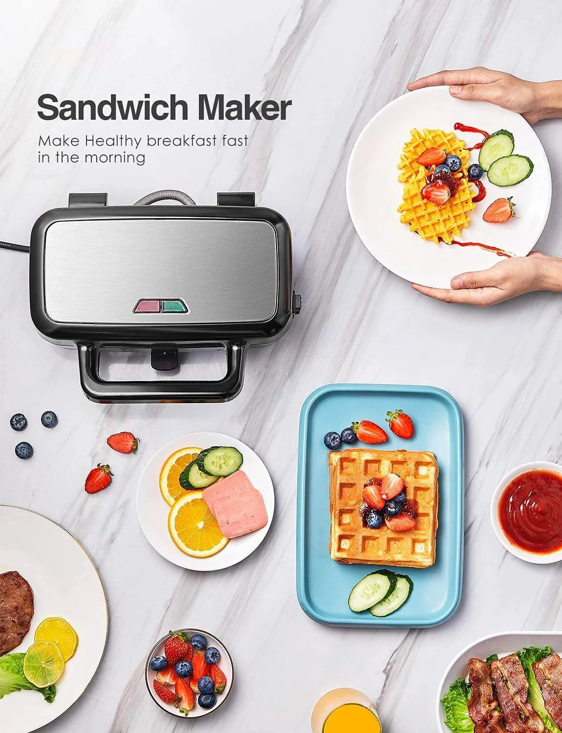 3-In-1 Sandwich Maker with Removable Plates, Waffle Maker and Panini Press Grill, 1200W, Black