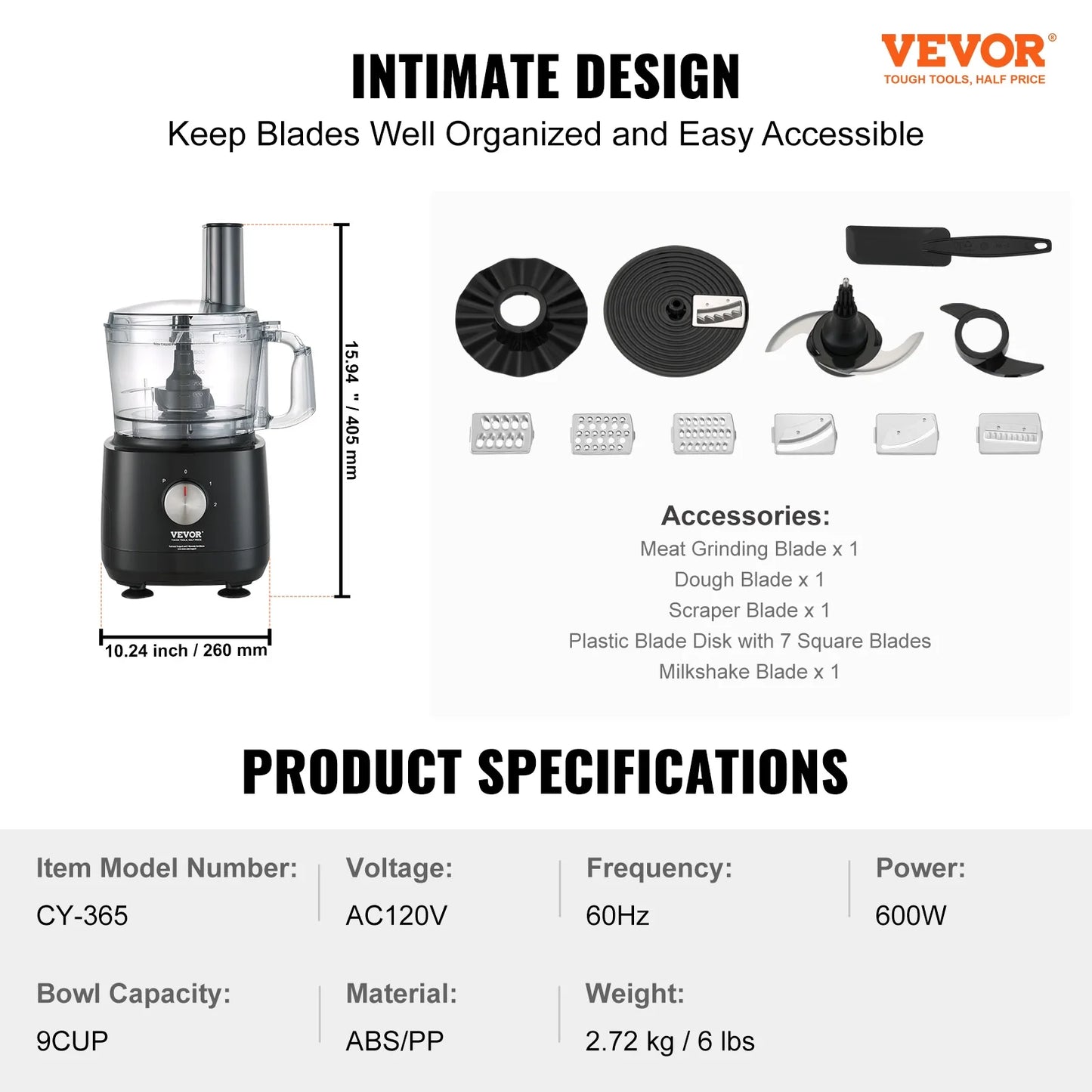 BENTISM 9-Cup 600W Food Processor Vegetable Chopper for Shredding Slicing Kneading