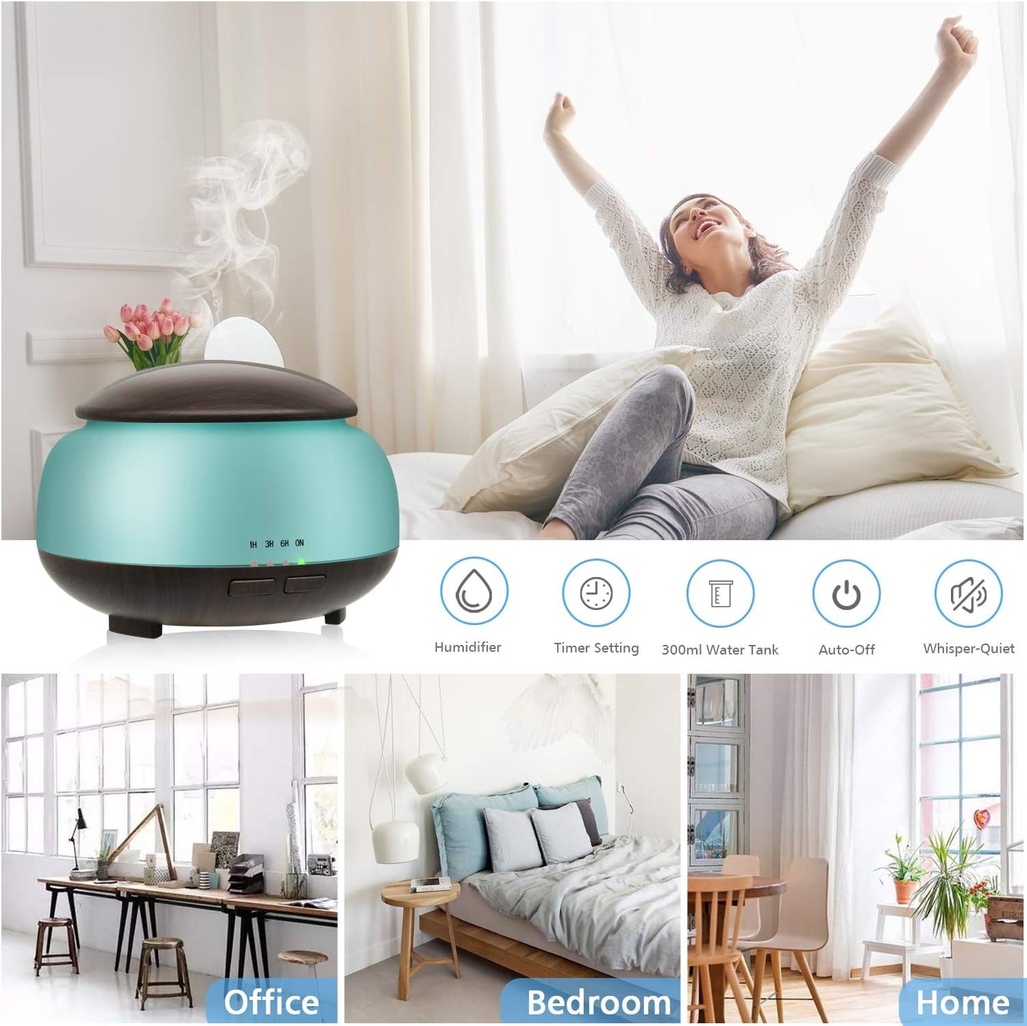 Essential Oil Diffuser, Aromatherapy Diffuser with Remote Control,300Ml Aroma Ultrasonic Nebulizing Cool Mist Humidifier,7 Color Mood Lights & Waterless Auto-Off for Home Office Gift,Dark Wood