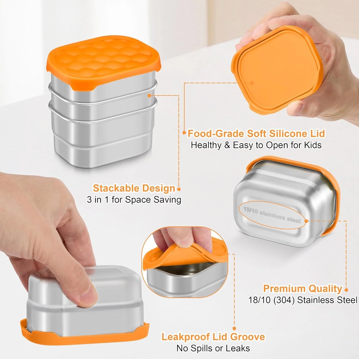 , Dips Condiment Containers, Stainless Steel Food Snack Containers for Kids | Leak Proof 304 Stainless Steel Food Containers with Silicone Lids - Set of 3 (8 Oz Each)