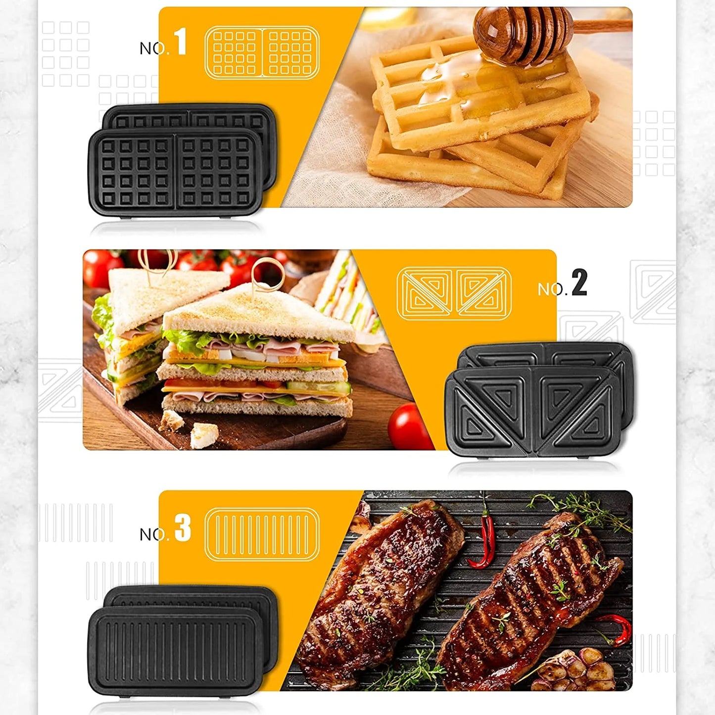 3-In-1 Sandwich Maker with Removable Plates, Waffle Maker and Panini Press Grill, 1200W, Black