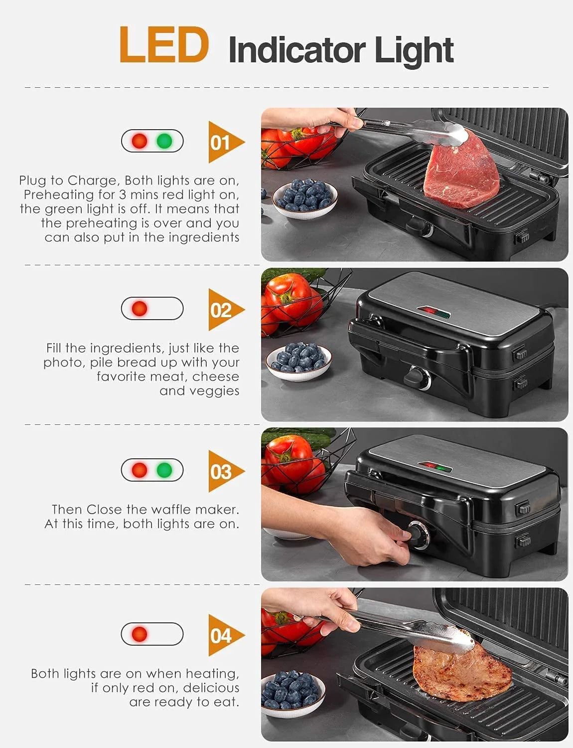 3-In-1 Sandwich Maker with Removable Plates, Waffle Maker and Panini Press Grill, 1200W, Black