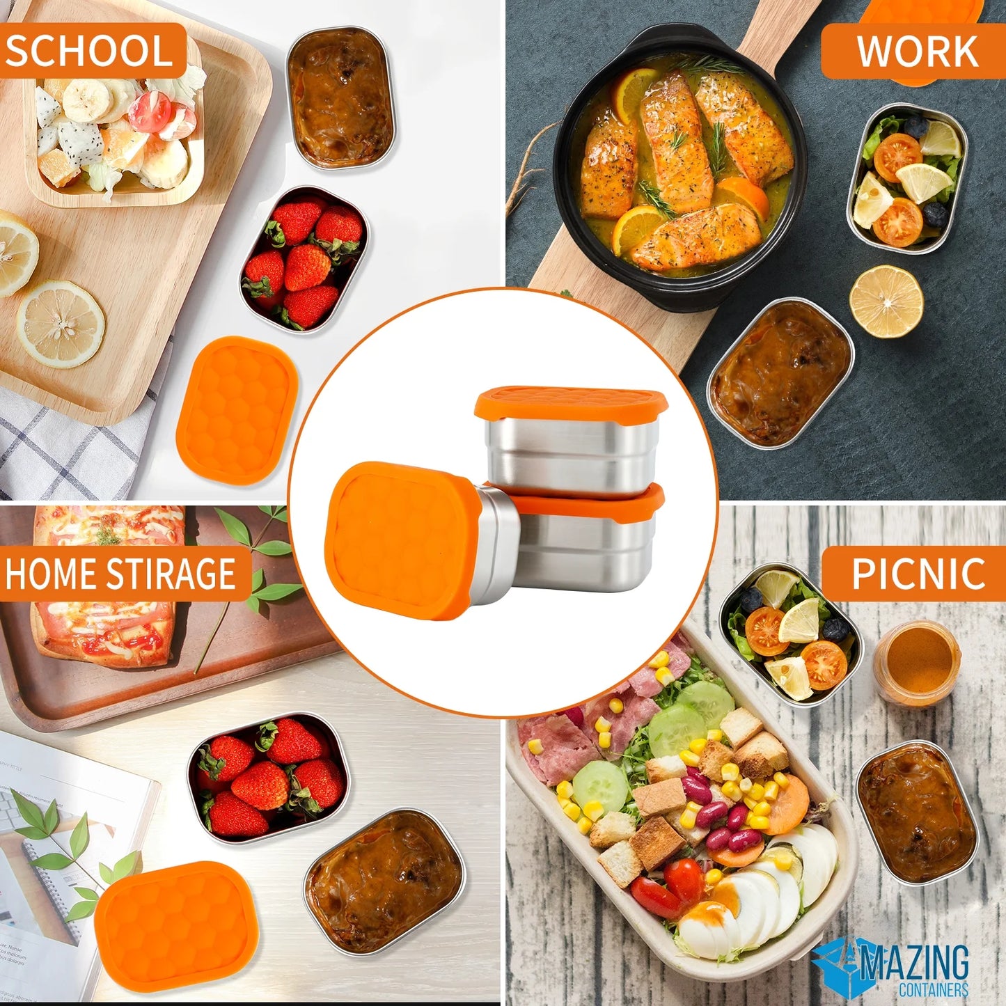 , Dips Condiment Containers, Stainless Steel Food Snack Containers for Kids | Leak Proof 304 Stainless Steel Food Containers with Silicone Lids - Set of 3 (8 Oz Each)