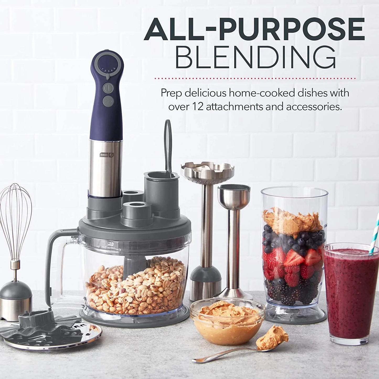 Chef Series Deluxe Immersion Hand Blender, 5 Speed Stick Blender, Stainless Steel Blades, Dough Hooks, Food Processor, Grate, Mash, Slice, Whisk Attachments – Midnight - New