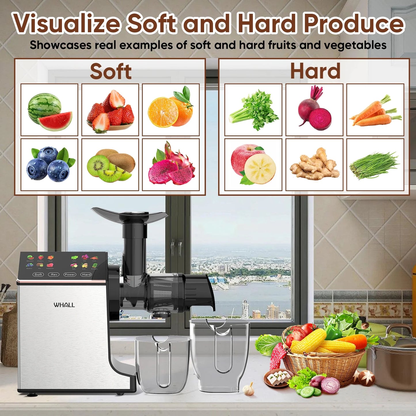 Masticating Slow Juicer Machine - Touchscreen Cold Press Juicer Machines with Quiet Motor & Reverse Function