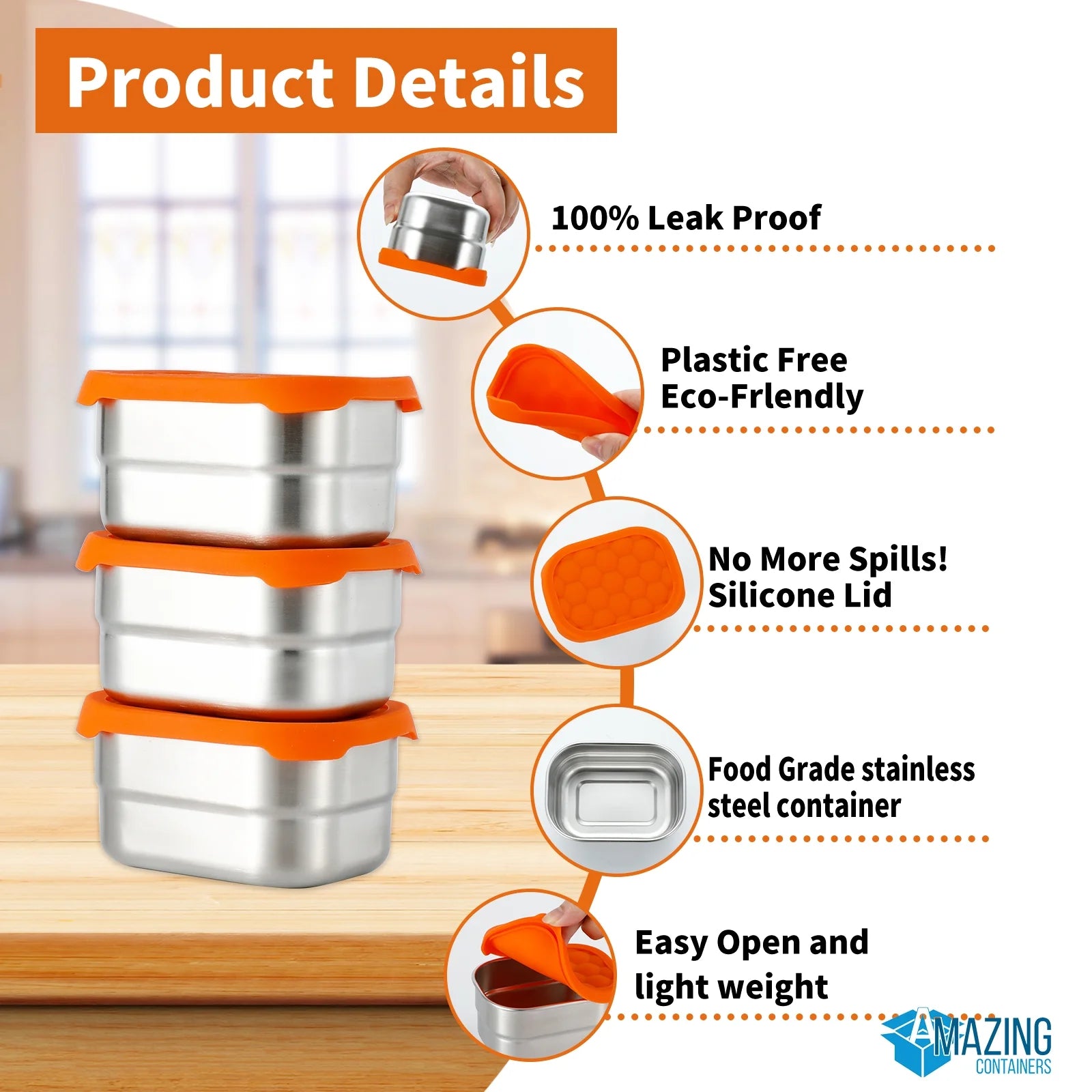 , Dips Condiment Containers, Stainless Steel Food Snack Containers for Kids | Leak Proof 304 Stainless Steel Food Containers with Silicone Lids - Set of 3 (8 Oz Each)