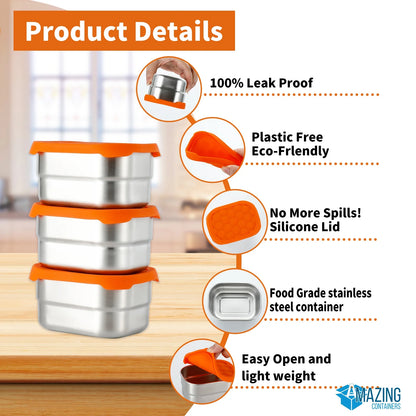 , Dips Condiment Containers, Stainless Steel Food Snack Containers for Kids | Leak Proof 304 Stainless Steel Food Containers with Silicone Lids - Set of 3 (8 Oz Each)