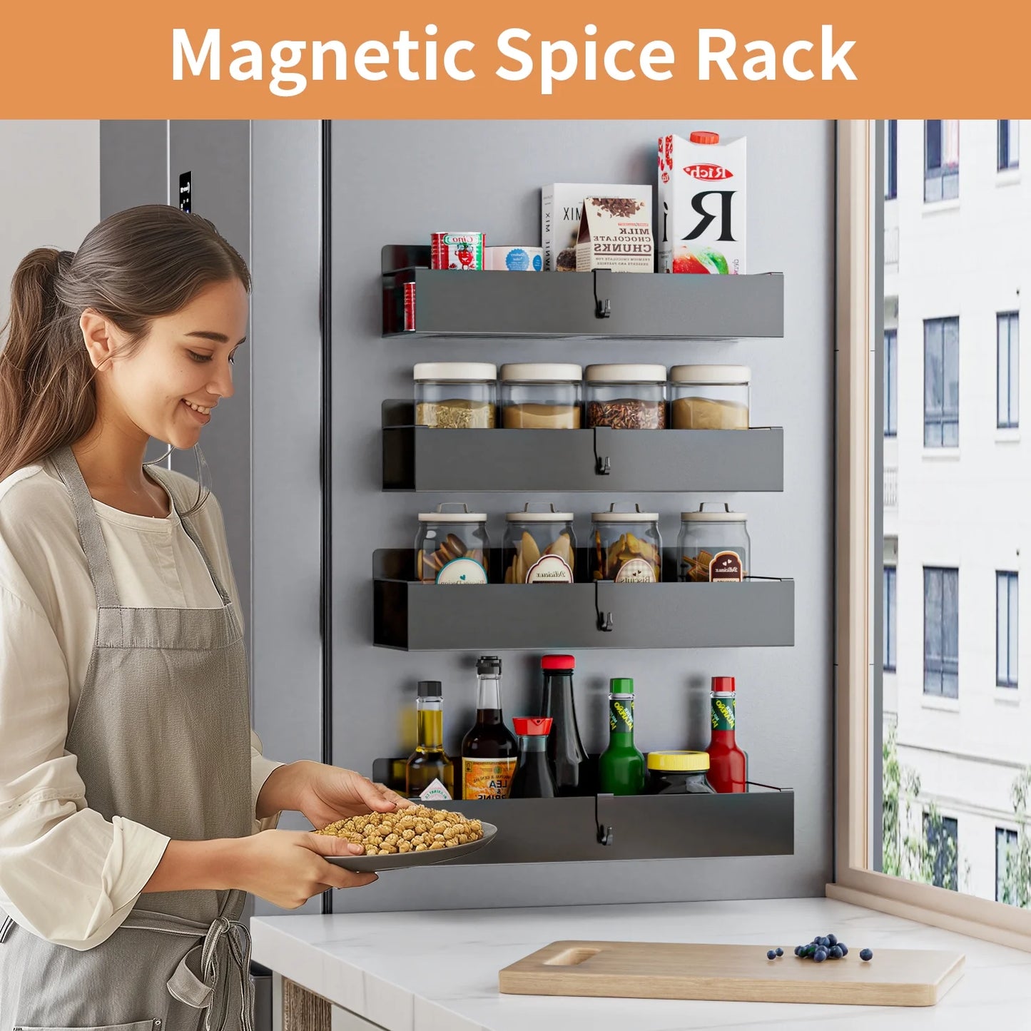 Magnetic Spice Rack Organizer, 4 Pack Moveable Fridge Spice Shelves for Refrigerator and Oven, Metal Refrigerator Shelf-Black