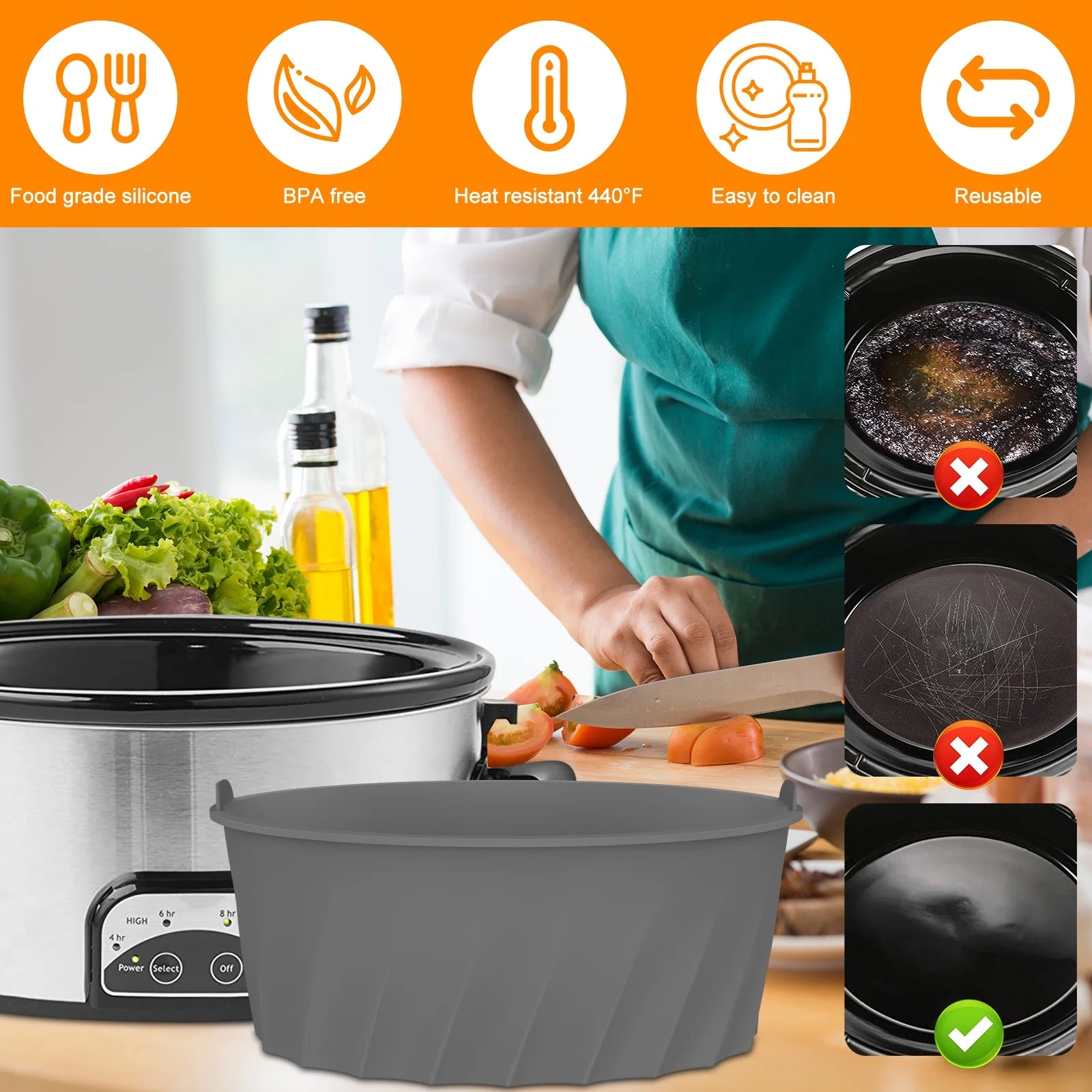 Silicone Slow Cooker Liner for 7-8QT Pot Slow Cooker Silicone Insert Leakproof Heat Resistant Dishwasher Safe Silicone Cooking Liner