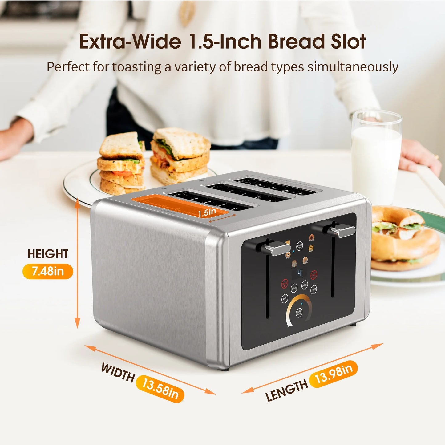 Touchscreen Toaster 4 Slice - Stainless Steel Toaster, 6 Shade Settings, Extra Wide Slots Toaster