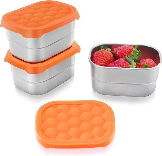 , Dips Condiment Containers, Stainless Steel Food Snack Containers for Kids | Leak Proof 304 Stainless Steel Food Containers with Silicone Lids - Set of 3 (8 Oz Each)