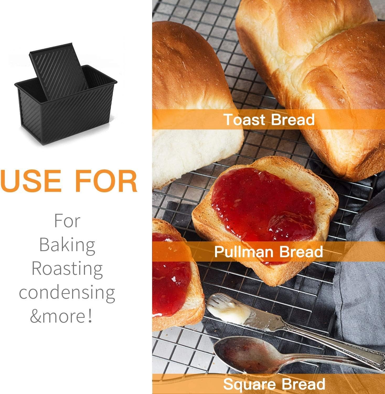 Loaf Pan 2 Pcs, Non-Stick Bread Pan Carbon Steel Toast Pan with Cover for Baking Bread - Black