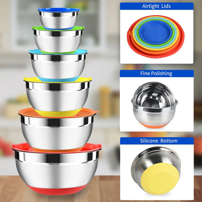 Mixing Bowls with Lids: 20 Pcs Stainless Steel Mixing Bowls Set with Rubber Bottom, 7, 4, 3.5, 2.5, 2, 1.5QT Metal Mixing Bowls for Kitchen, Multi-Color