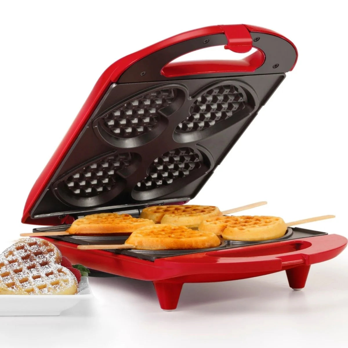 Non-Stick Heart Waffle Maker, Red, 4-Section Heart Shaped Waffle Maker, Red