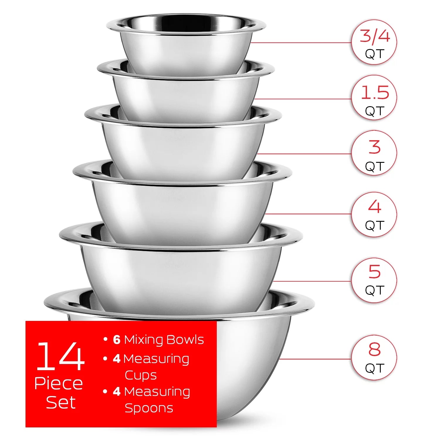 Premium Stainless Steel 6Pc Mixing Bowls with Measuring Cup Set, Nesting Mixing Bowls