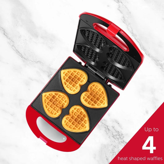 Non-Stick Heart Waffle Maker, Red, 4-Section Heart Shaped Waffle Maker, Red