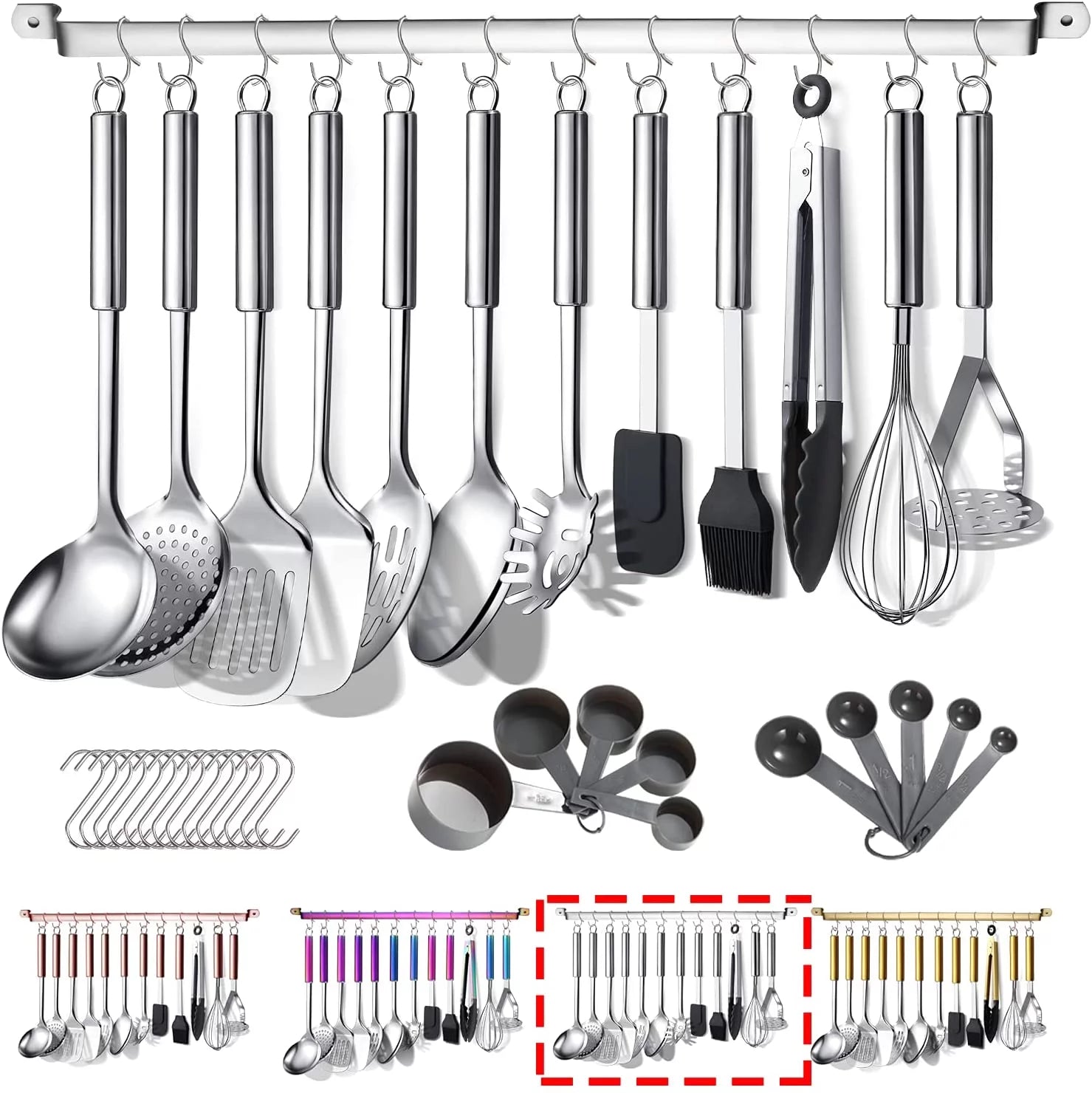 Kitchen Utensils Set 37 Pieces, Stainless Steel Cooking Utensils Set, Kitchen Gadgets Cookwarewith Hooks for Hanging Kitchen Tool Set