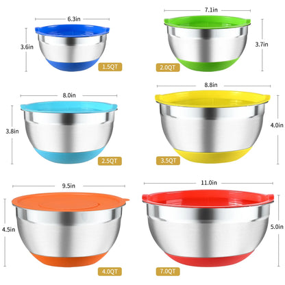 Mixing Bowls with Lids: 20 Pcs Stainless Steel Mixing Bowls Set with Rubber Bottom, 7, 4, 3.5, 2.5, 2, 1.5QT Metal Mixing Bowls for Kitchen, Multi-Color