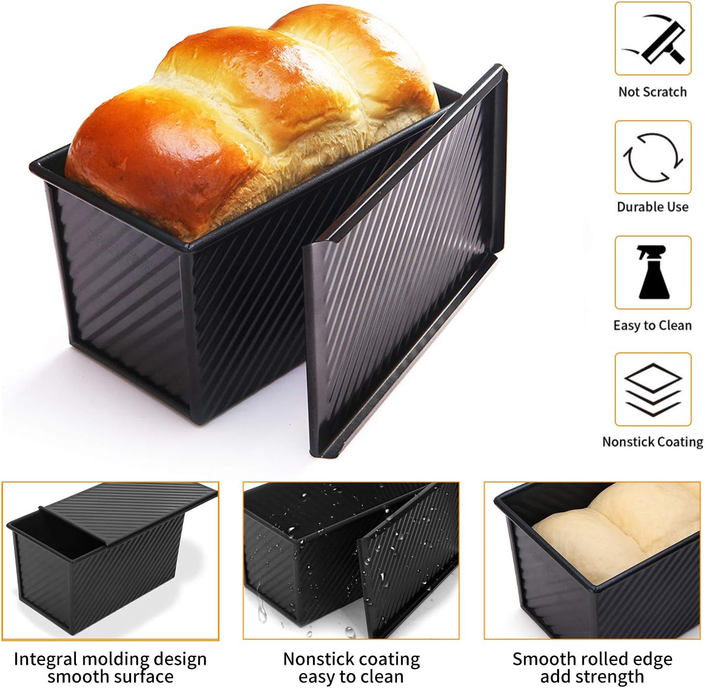 Loaf Pan 2 Pcs, Non-Stick Bread Pan Carbon Steel Toast Pan with Cover for Baking Bread - Black