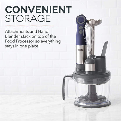Chef Series Deluxe Immersion Hand Blender, 5 Speed Stick Blender, Stainless Steel Blades, Dough Hooks, Food Processor, Grate, Mash, Slice, Whisk Attachments – Midnight - New