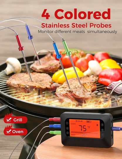 Bluetooth Meat Thermometer with 4 Probes, Grill, Backlight, Remote Monitor