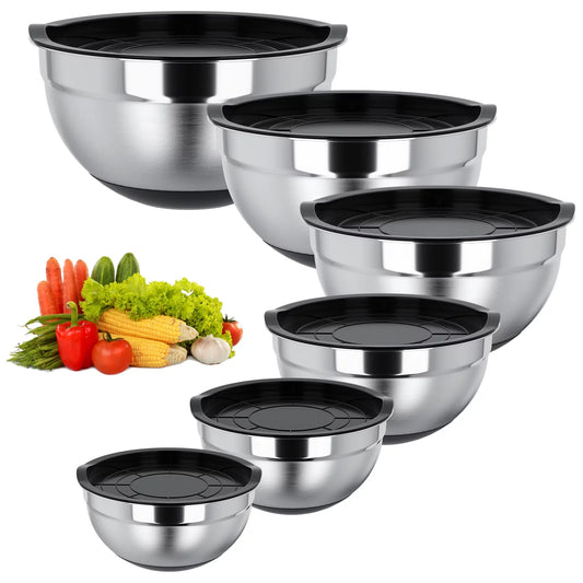 Mixing Bowls with Lids: Stainless Steel Mixing Bowls Set - 6 Piece Metal Nesting Mixing Bowls with Rubber Bottom-Black