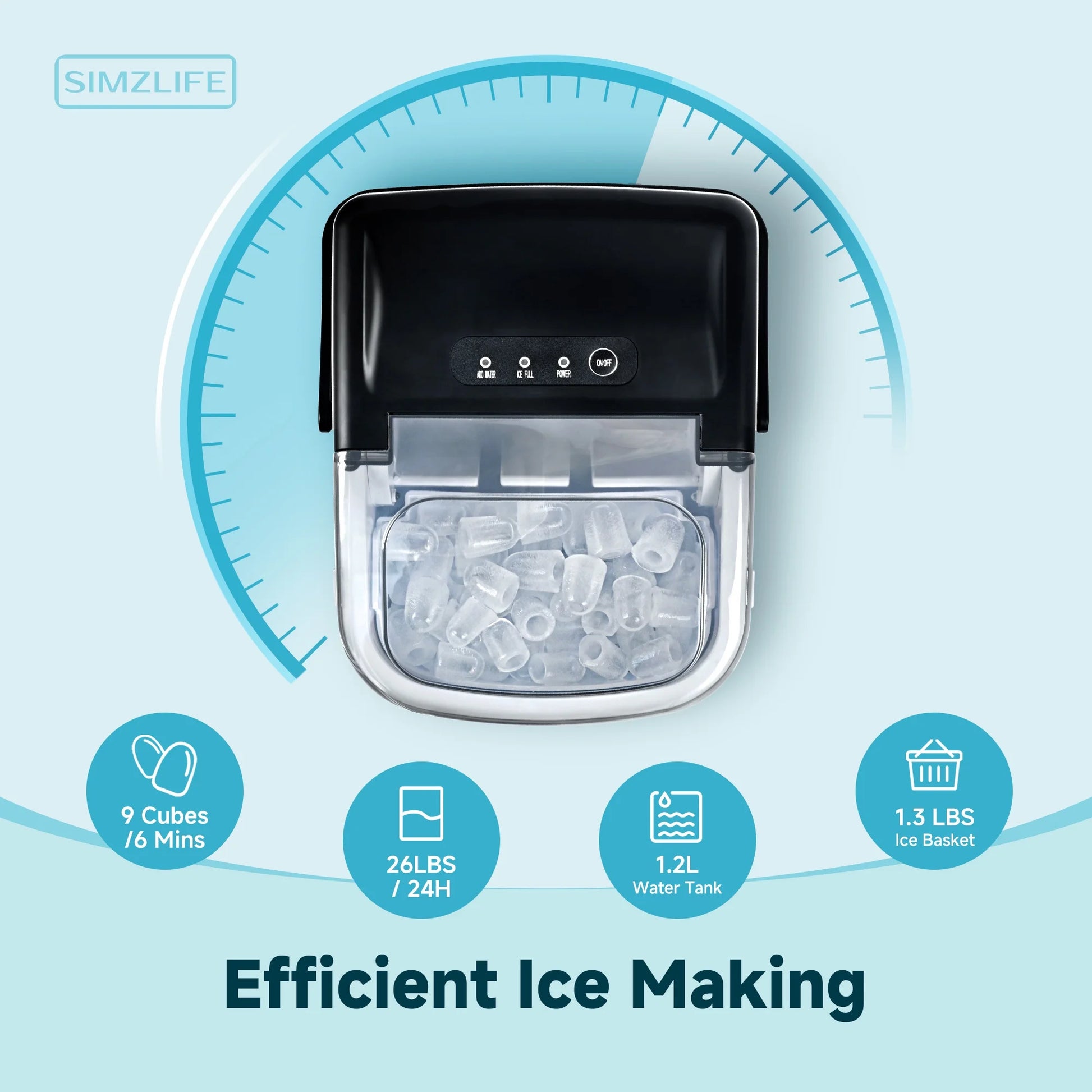 26 Lbs/24H Countertop Ice Maker Machine, 9 Bullet-Shaped Ice in 6 Min, Auto-Cleaning