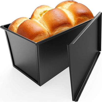 Loaf Pan with Lid, Non-Stick Bakeware Carbon Steel Bread Rectangle Flat Toast with Cover for Baking Bread - Black