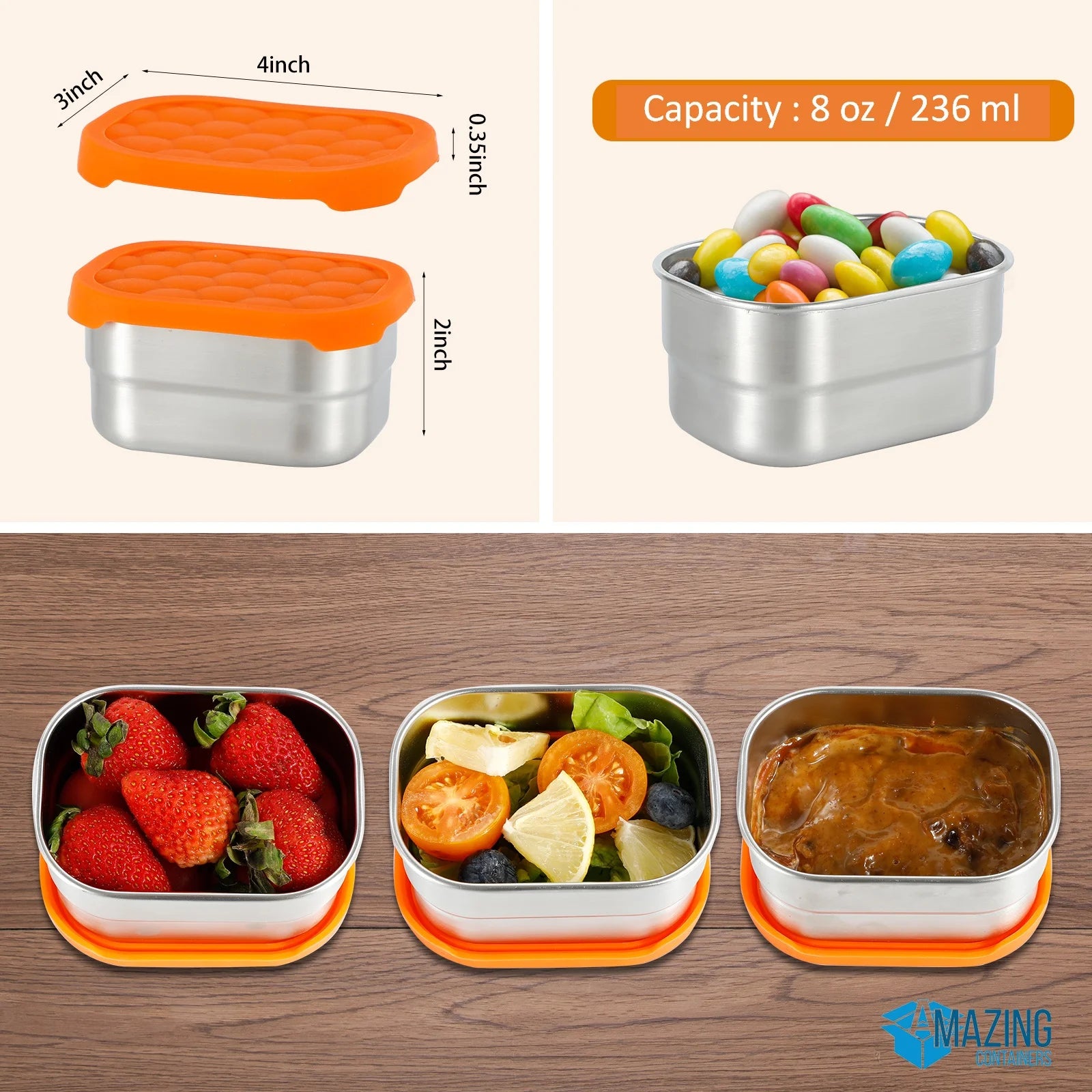 , Dips Condiment Containers, Stainless Steel Food Snack Containers for Kids | Leak Proof 304 Stainless Steel Food Containers with Silicone Lids - Set of 3 (8 Oz Each)