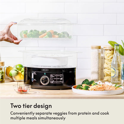 Two Tier Food Steamer with Dishwasher Safe Lids and Stackable Baskets & Removable Base for Fast Simultaneous Cooking - Auto Shutoff & Boil Dry Protection, Stainless Steel, 7.4 QT, Black