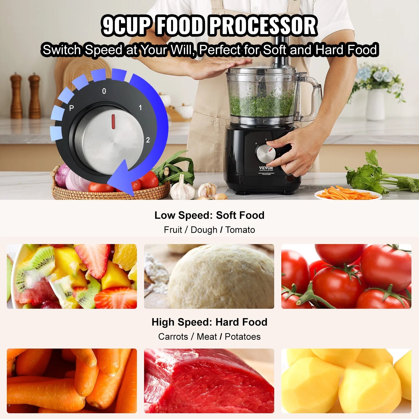 BENTISM 9-Cup 600W Food Processor Vegetable Chopper for Shredding Slicing Kneading