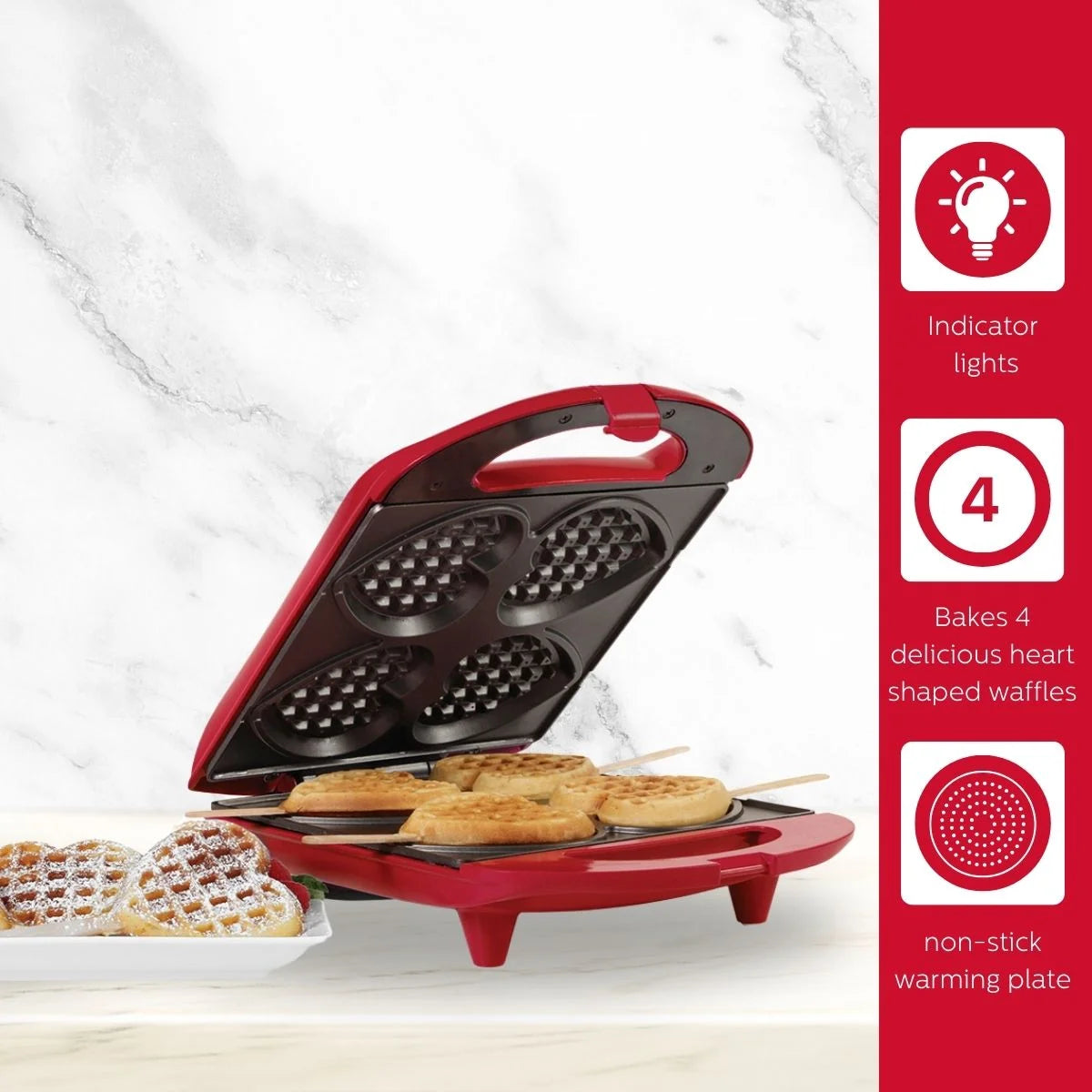 Non-Stick Heart Waffle Maker, Red, 4-Section Heart Shaped Waffle Maker, Red