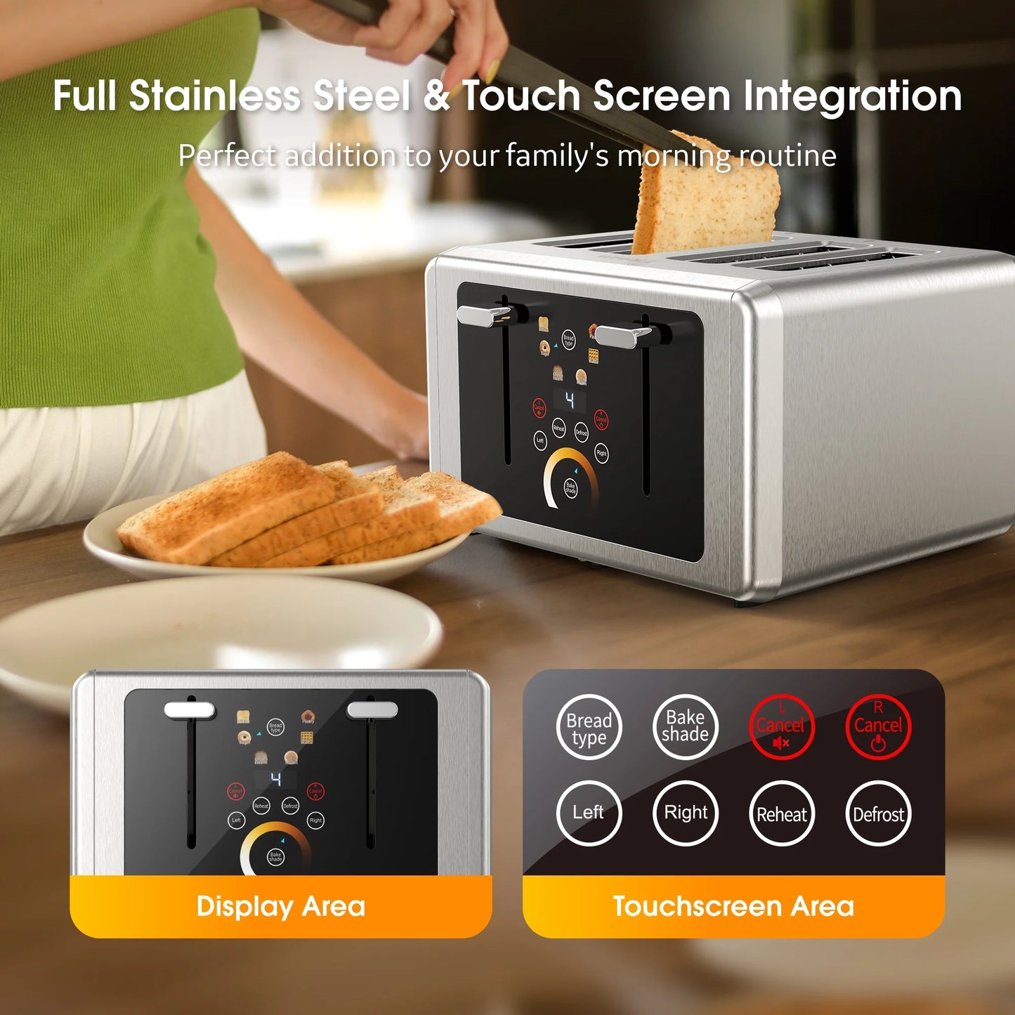 Touchscreen Toaster 4 Slice - Stainless Steel Toaster, 6 Shade Settings, Extra Wide Slots Toaster