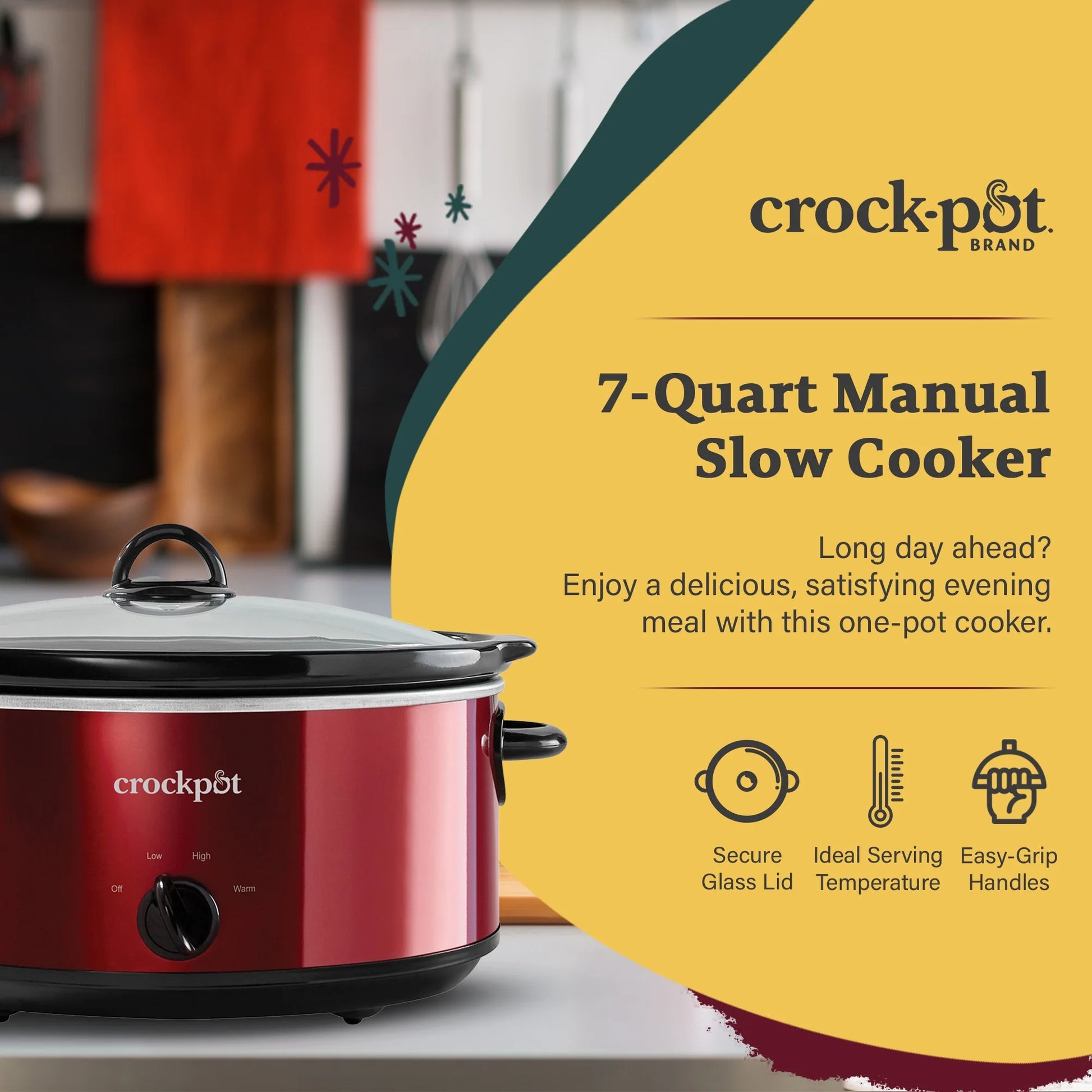 7 Quart Capacity Food Slow Cooker Home Cooking Kitchen Appliance, Red