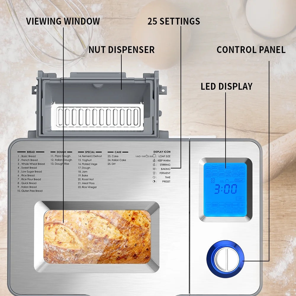 25 in 1 Bread Maker, 2LB Dough & Bread Maker Machine with Auto Fruit and Nut Dispenser, Stainless Steel, Reserve & Keep Warm Set