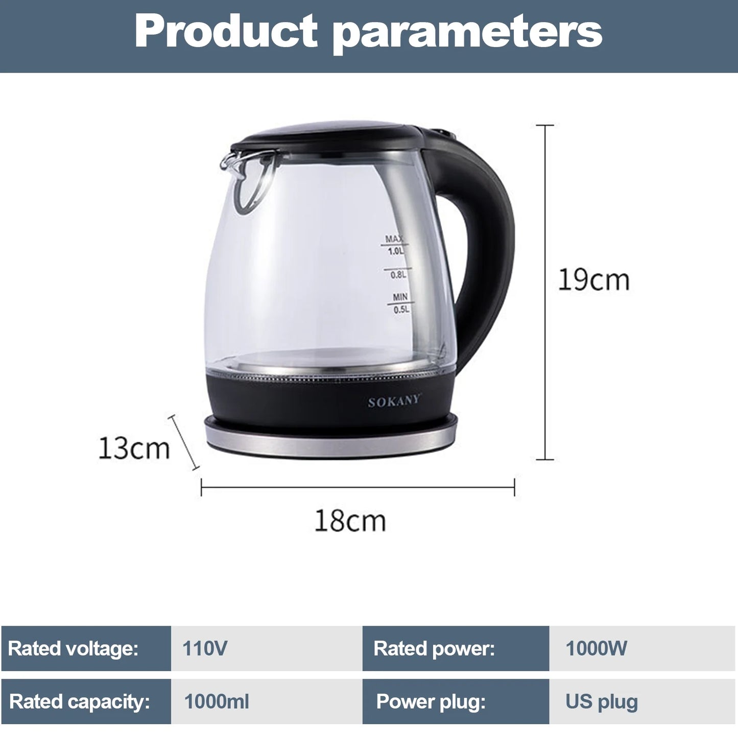 1000W High Borosilicate Glass Electric Kettle Home Water Kettle Auto Shut-Off Water Boiler