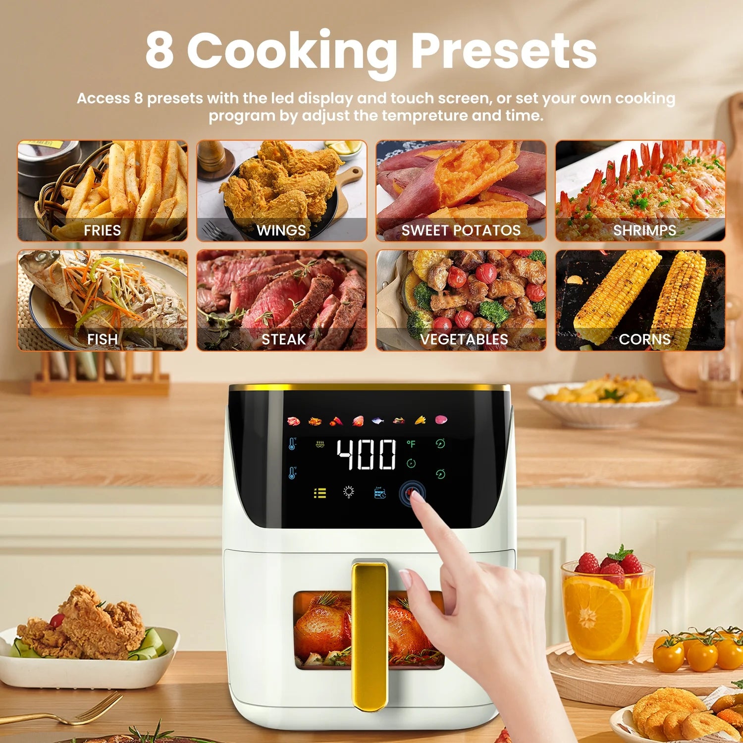 Newest Air Fryer Large 8.5 QT, White, 8 in 1 Touch Screen, Visible Window, 1750W