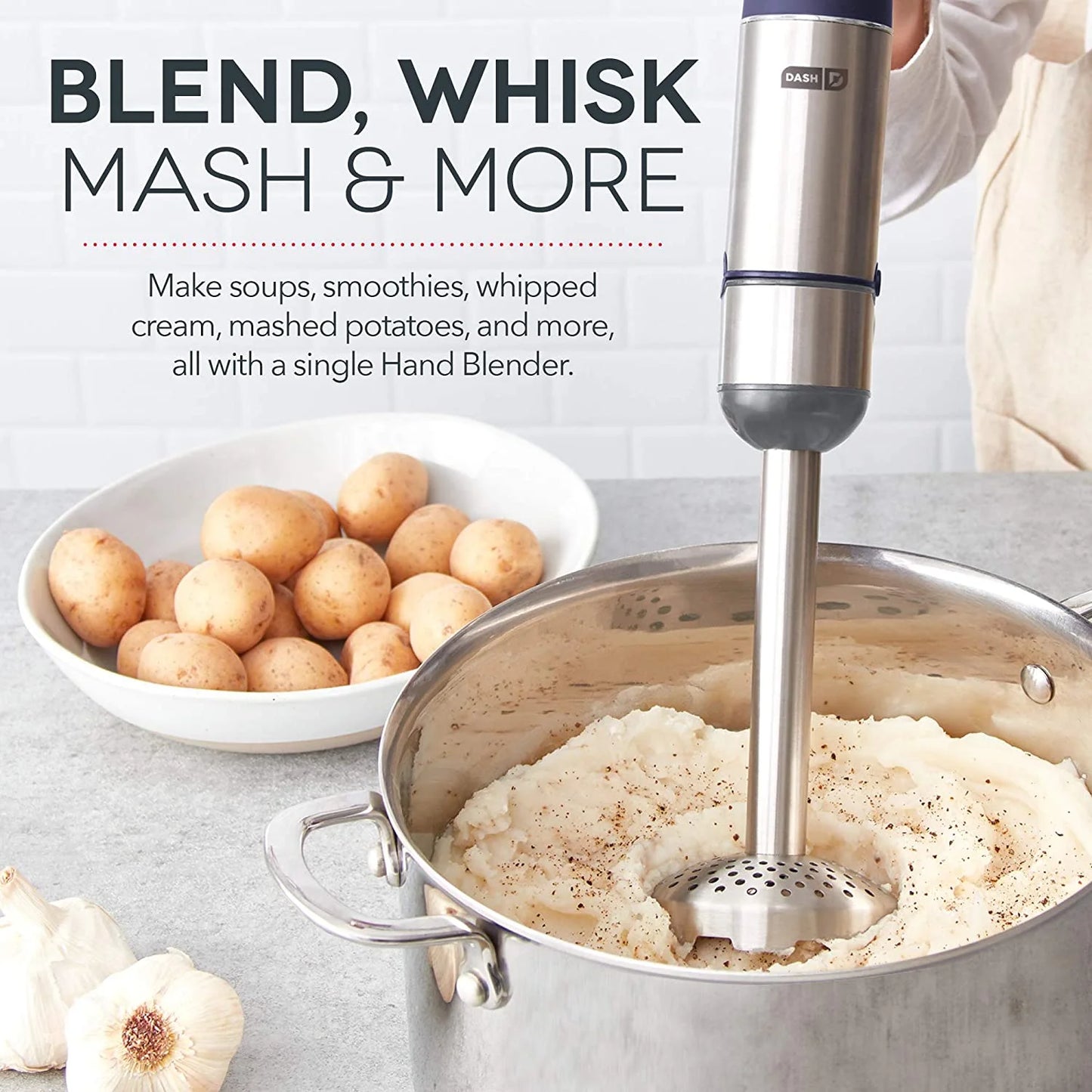 Chef Series Deluxe Immersion Hand Blender, 5 Speed Stick Blender, Stainless Steel Blades, Dough Hooks, Food Processor, Grate, Mash, Slice, Whisk Attachments – Midnight - New