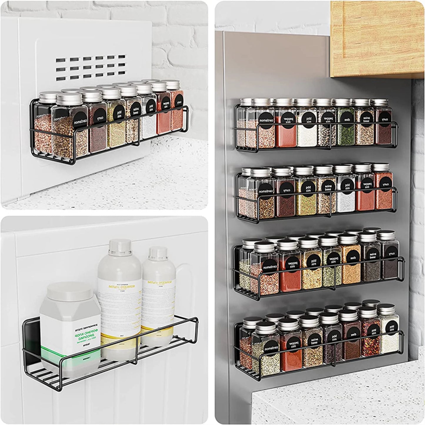 4 Pack Magnetic Shelf, Magnetic Spice Rack Organizer for Refrigerator and Microwave Oven, Metal Kitchen Seasoning Holder Fridge Shelf Magnet Organizer, Black