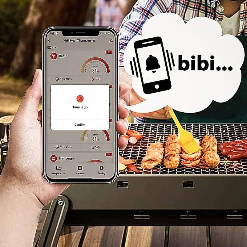 Digital Bluetooth BBQ Grill Meat Thermometer with 4 Probes, Instant-Read Meat Thermometer for Grilling, Temp Alarm Function, Food Thermometer for Kitchen, Beef, Candy, Cheese Making, Turkey, Oven