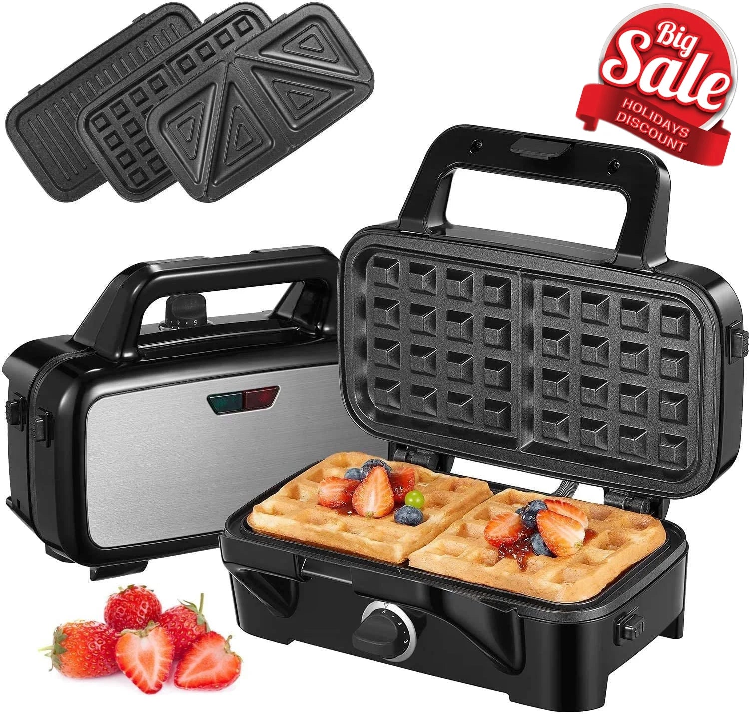 3-In-1 Sandwich Maker with Removable Plates,  Waffle Maker and Panini Press Grill, 1200W, Black