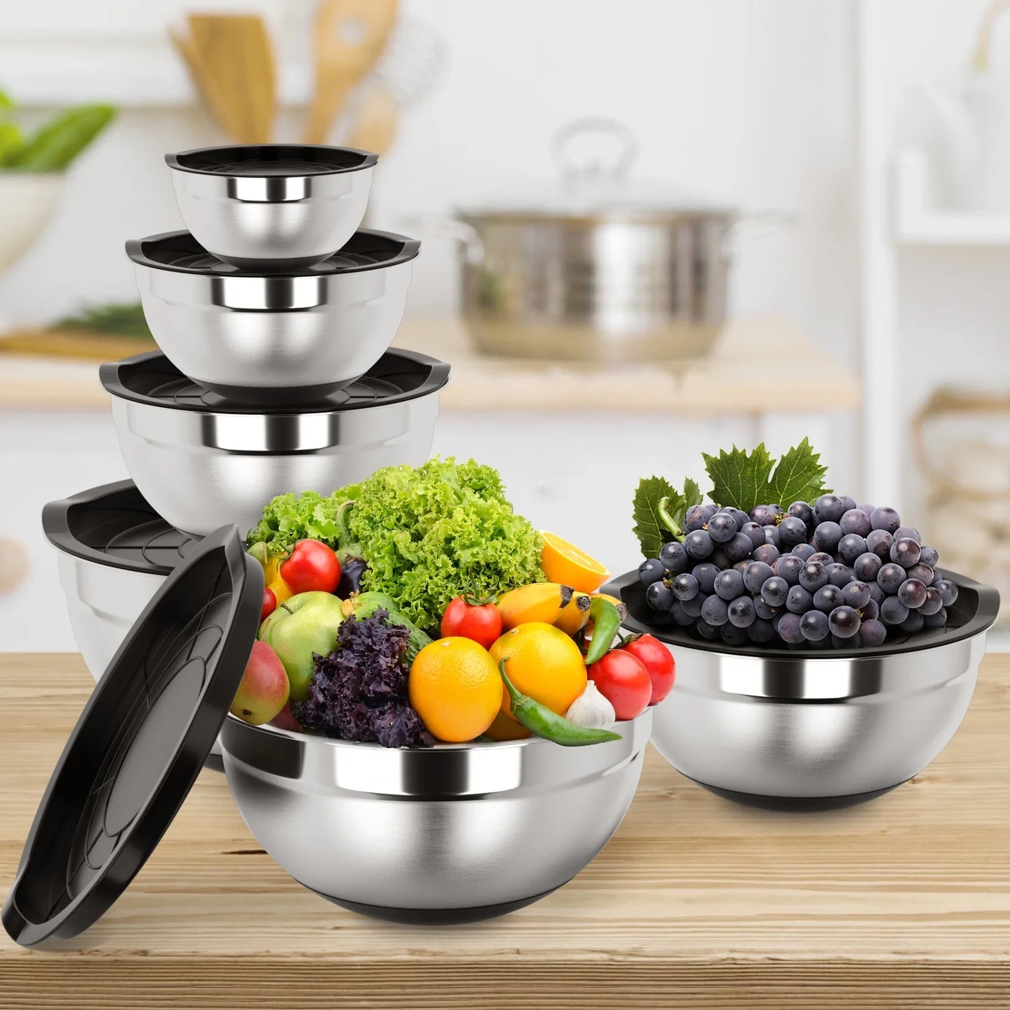 Mixing Bowls with Lids: Stainless Steel Mixing Bowls Set - 6 Piece Metal Nesting Mixing Bowls with Rubber Bottom-Black