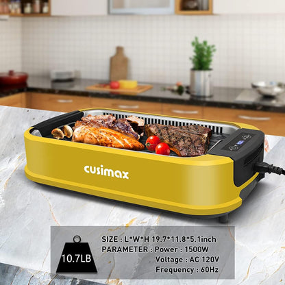 Smokeless Indoor Grill,  1500W Electric Grill, Portable Korean BBQ Grill with LED Smart Display & Tempered Glass Lid, Non-Stick Removable Grill Plate, Yellow