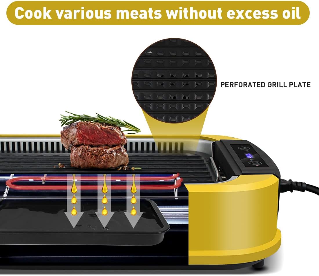 Smokeless Indoor Grill,  1500W Electric Grill, Portable Korean BBQ Grill with LED Smart Display & Tempered Glass Lid, Non-Stick Removable Grill Plate, Yellow