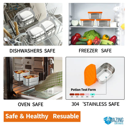 , Dips Condiment Containers, Stainless Steel Food Snack Containers for Kids | Leak Proof 304 Stainless Steel Food Containers with Silicone Lids - Set of 3 (8 Oz Each)