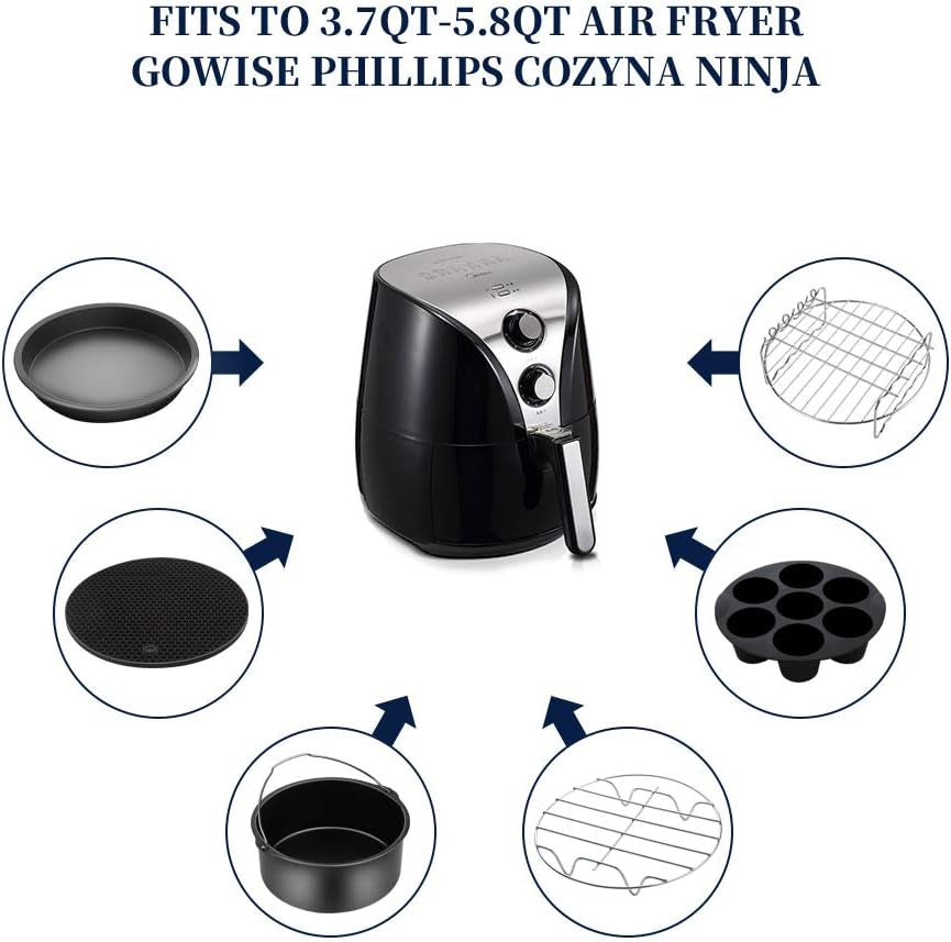 Air Fryer Accessories 11PCS for Phillips Ultrean Ninja Vremi Air Fryer, Fit All 3.7QT-4.0-5.8QT Power Deep Hot Air Fryer with Cake Barrel, Pizza Pan