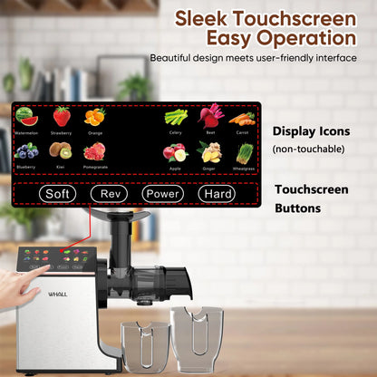 Masticating Slow Juicer Machine - Touchscreen Cold Press Juicer Machines with Quiet Motor & Reverse Function