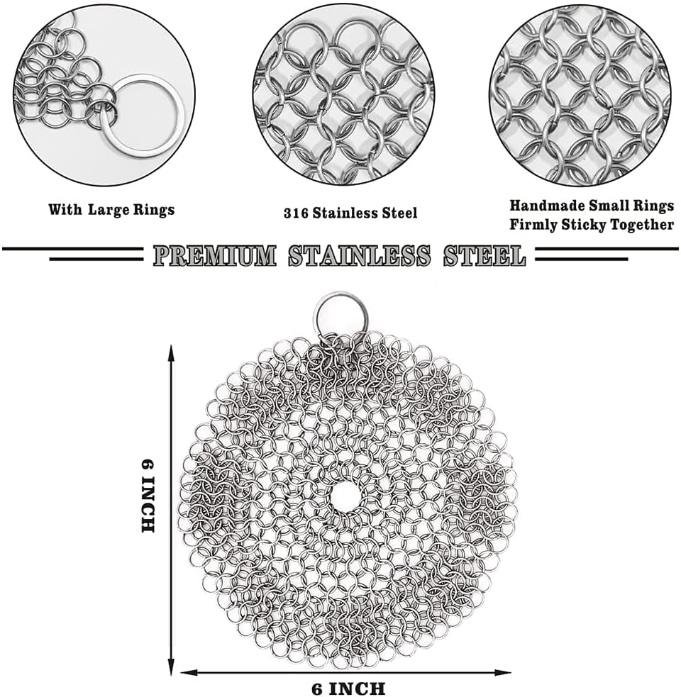 Cast Iron Skillet Cleaner, 316L Stainless Steel Chainmail Scrubber for Cast Iron Pans,Stainless Steel,Glassware,Suitable for Kitchen‘S Cast Iron Scrubber