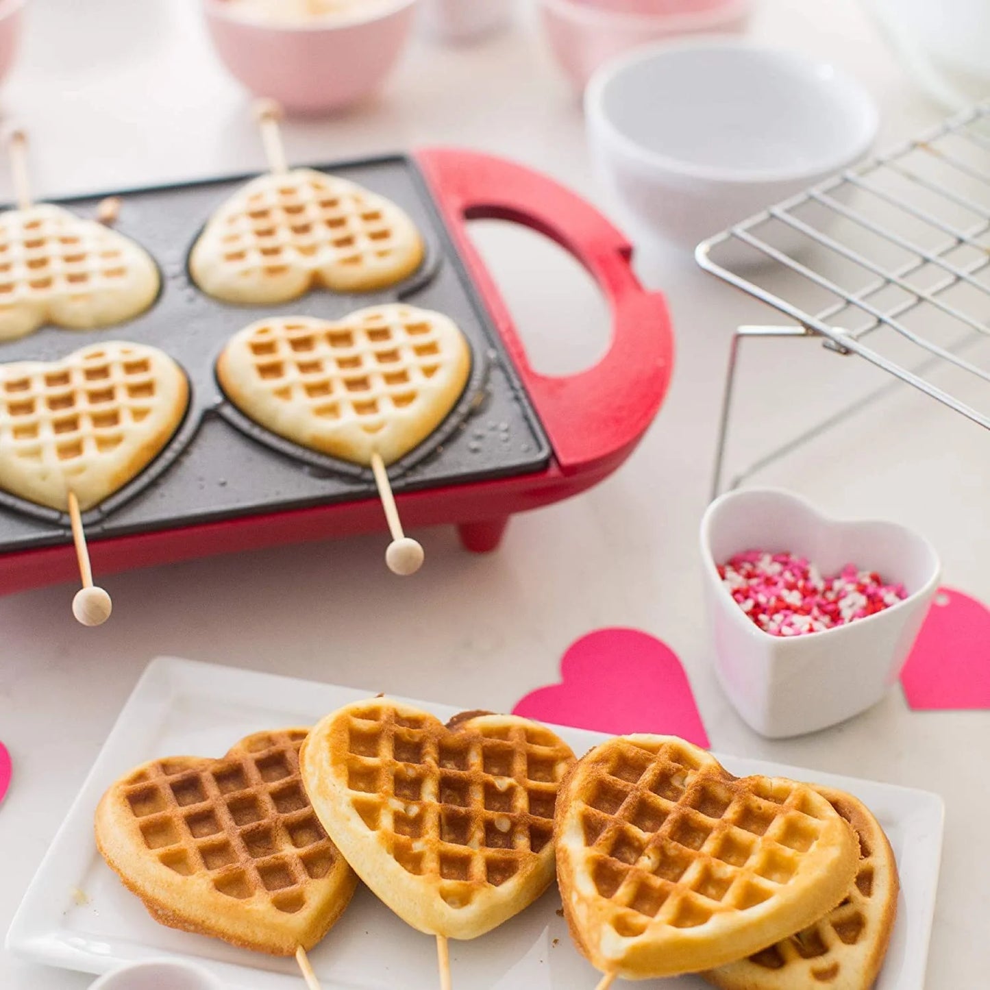 Non-Stick Heart Waffle Maker, Red, 4-Section Heart Shaped Waffle Maker, Red